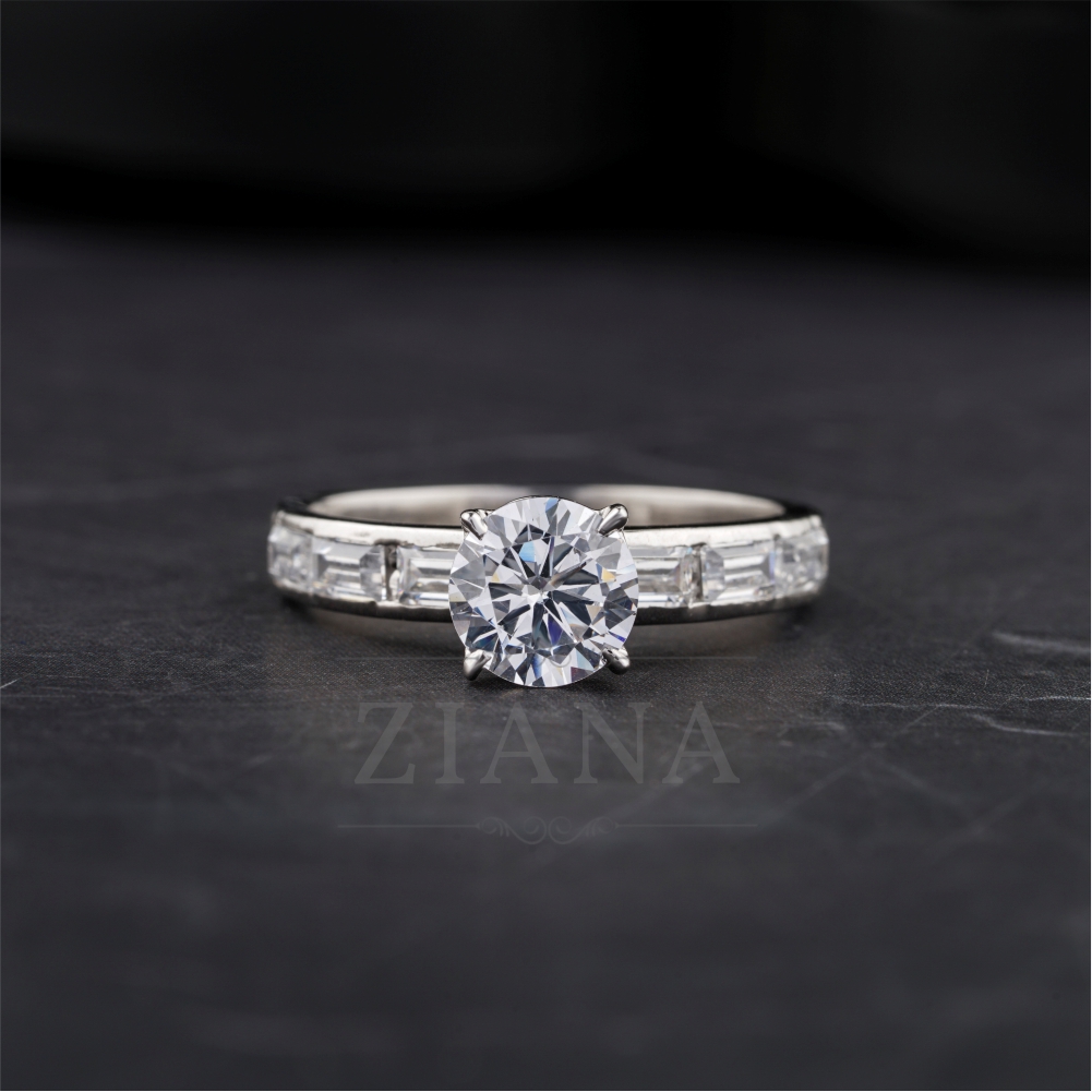 Round-Cut Diamond Engagement Ring with Baguette Band