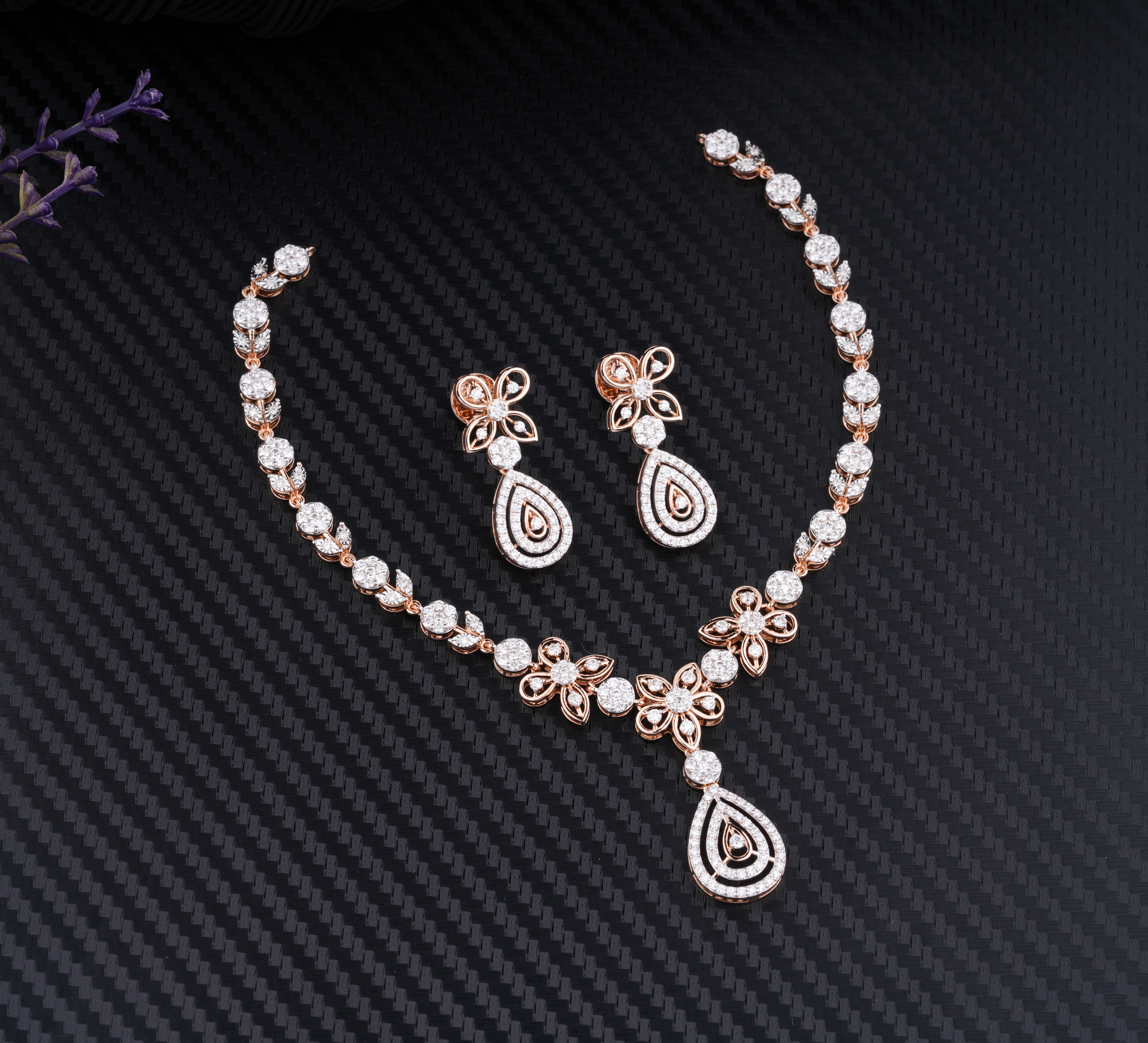 Rose Gold Diamond Floral Necklace Set